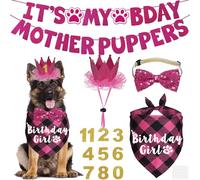 JOTFA Dog Birthday Decorations, Multi Sizes Dog Birthday Bandana Girl Dog Birthday Hat Crown Bow Tie Birthday Numbers It’s My Bday Mother Puppers Sign Banner for Large Extra Large Dogs (Pink, X-Large)