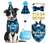 JOTFA Dog Birthday Party Supplies, Dog Birthday Boy Bandana with Dog Birthday Number Hat Bowtie Dog Birthday Cake Squeaky Toy for Small Medium Large Dogs Pets