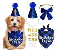 JOTFA Dog Birthday Party Supplies, Dog Birthday Outfit, Plaid Dog Birthday Boy Girl Bandana with Dog Birthday Number Hat Bowtie for Small Medium Large Dogs Pets (Blue, Set of 5)