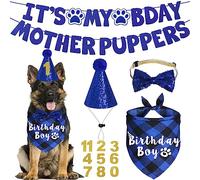 JOTFA Dog Birthday Party Supplies, Multi Sizes Dog Birthday Hat with Numbers Bandana Bow Tie It’s My Bday Mother Puppers Sign Banner for Large X-Large Dogs Pets (X-Large, Blue)