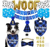JOTFA Dog Birthday Party Supplies, Plaid Dog Birthday Boy Bandana with Dog Birthday Number Hat Bowtie Paw WOOF Balloons Happy Birthday Banner for Small Medium Large Dogs Pets