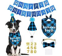 JOTFA Dog Birthday Party Supplies, Plaid Dog Birthday Boy Bandanas with Dog Birthday Party Hat Bow Tie Birthday Number for Small Medium Large Dogs Pets (Light Blue)