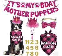 JOTFA Multi Sizes Dog Birthday Bandana, Hat, Bow Tie & Numbers - 'It's My Bday Mother Puppers' Sign Banner for Medium Large Dogs (Pink, Large)