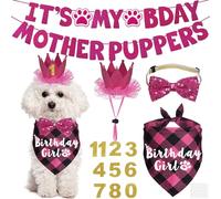 JOTFA Multi Sizes Dog Birthday Bandana & Hat - Girl Dog Crown, Bow Tie, Numbers - It’s My Bday Mother Puppers Sign Banner for Small Dogs (Pink, Small)