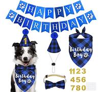 JOTFA Plaid Dog Bandanas with Birthday Boy Hat & Bow Tie - Numbered for Small, Medium, Large Dogs (Blue)