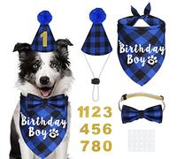 JOTFA Plaid Dog Party Supplies. Birthday Boy Bandanas, Hat, Bow Tie, Number for Small, Medium, Large Dogs