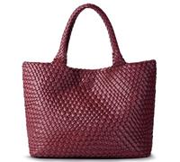 JOTOFIT Woven Bag for Women, Fashion Top Handle Shoulder Bag Soft Vegan Leather Shopper Bag, Wine Red, One Size