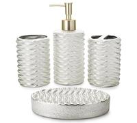 JOTOM 4 Pieces Ceramic Bathroom Accessory Set Luxury Modern Bath Accessories Bath Set for Bathroom Dispenser Toothbrush Holder Mouthwash Tumbler Soap Dish,Silver Grey