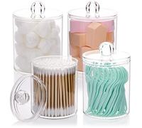 JOTOM 4PCS Cotton Pad Holder with Lid for Bathroom Storage Cotton Bud Holder Acrylic Cotton Swab Dispenser Clear Round Cotton Wool Bud Jar for Vanity Small Qtip Container Makeup Organiser Set (4)