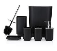JOTOM 6 Pieces Bathroom Accessory Set Luxury Plastic Bathroom Accessories Set Trash Can Toilet Brush Set Toothbrush Holder Tumbler Soap Dish Soap Dispenser Bath Set Gift (Black)