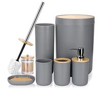 JOTOM 7 Pieces Bamboo Bathroom Accessories Bathroom Accessory Set Luxury Modern Plastic Bath Set Toothbrush Holder Tumbler Qtip Holder Toilet Brush Set Soap Dish Trash Can Soap Dispenser Gift (Grey)