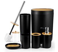 JOTOM 7 Pieces Bamboo Bathroom Accessories Bathroom Accessory Set Luxury Plastic Bath Accessories Set Toothbrush Holder Tumbler Toilet Brush Qtip Holder Soap Dish Trash Can Soap Dispenser (Black)