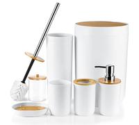 JOTOM 7 Pieces Bamboo Bathroom Accessory Set Luxury Plastic Accessories Qtip Holder Toothbrush Tumbler Toilet Brush Soap Dish Trash Can Dispenser Bath Gift (White) (JQJT1009)