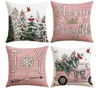 JOTOM Christmas Cushion Covers 45x45 cm Set of 4 Xmas Tree Truck Decorative Pink Throw Pillow Covers Sofa Joy Cushion Cases Winter Holiday Decoration for Home Couch Bed Decor (Truck Pink)