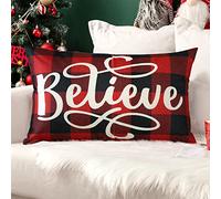 JOTOM Christmas Lumbar Cushion Covers 30x50cm Believe Red Buffalo Plaid Throw Pillow Covers Xmas Decorative Pillowcases for Sofa Bed Merry Christmas Winter Home Decor