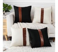 JOTOM Linen Faux Leather Patchwork Cushion Covers 50x50cm Stripe Patchwork Modern Throw Pillow Covers Farmhouse Decor Square Pillowcases for Outdoor Couch Bed Sofa Decor Set of 4 (Black/Cream White)