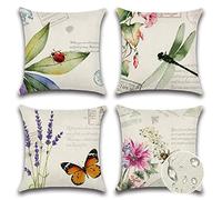 JOTOM Outdoor Decorative Cushion Covers 45x45 cm Waterproof Throw Pillow Covers Outdoor Cushions Butterfly Patio Garden Flower Pillowcases for Bench Sofa Indoor Decoration Set of 4 (Insects and Plant)