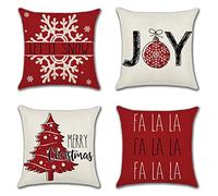 JOTOM Red Christmas Cushion Covers 45x45cm Set of 4 Christmas Decor Pillow Covers Xmas Tree Let It Snow Merry Christmas FA La La Winter Pillowcase Farmhouse Cushion Case for Couch Sofa Bed Decor (Red)