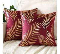 JOTOM Set of 2 Cushion Covers 45x45cm Velvet Decorative Throw Pillow Covers Gold Leaves Decorative Pillow Cases Bronzing Cushion Cover for Couch Bedroom Sofa Car Home Living Room Decor (Burgundy)