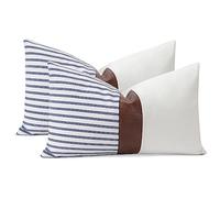 JOTOM Set of 2 Modern Faux Leather Striped Patchwork Cushion Covers 30x50 cm Farmhouse Decorative Throw Pillow Covers Lumbar Pillowcase for Sofa Bedroom Couch Home Decor 12x20 Inch (Stripe Navy)