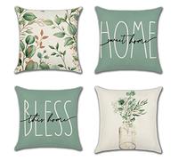 JOTOM Set of 4 Throw Pillow Covers Eucalyptus Leaves Summer Spring Decorative Square Cushion Covers Sofa Car Home Sweet Home Pillowcases for Outdoor Home Bedroom Couch Decor 45x45 cm (HOME Green)