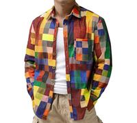 JOTOOK Mens Printed Corduroy Shirts Long Sleeve Button Down Lightweight Casual Shirt Vintage Transitional Shacket, Multicolour Grid, XL