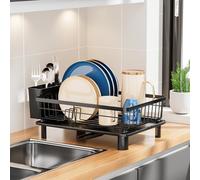 JOUING Dish Drainer Rack with Drip Tray Kitchen Dish Drying Rack with 360°Swivel Spout Metal Sink Drainer with Removable Cutlery Holder (Black, Small)