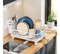 JOUING Dish Drainer Rack with Drip Tray Kitchen Dish Drying Rack with 360°Swivel Spout Metal Sink Drainer with Removable Cutlery Holder (White, Small)