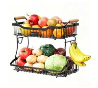 JOUING Fruit Bowl 2 Tier Fruit Basket with Banana Hangers Metal Vegetable Storage for Kitchen Countertop Detachable Organiser with Wooden Handles for Snacks,Bread