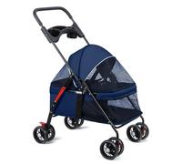 joukares 4 Wheels Dog Cat Stroller, Foldable Pet Travel Carrier with Cup Holder, Breathable Mesh, Adjustable Canopy, Storage Basket, Lightweight Design for Small Dogs and Cats Blue