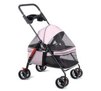 joukares 4 Wheels Dog Cat Stroller, Foldable Pet Travel Carrier with Cup Holder, Breathable Mesh, Adjustable Canopy, Storage Basket, Lightweight Design for Small Dogs and Cats Pink