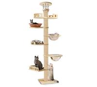 joukares Floor to Ceiling Cat Tree, Adjustable Height (295-315cm) Cat Tower, Tall Cat Scratching Post with Space Ship and Hanging Basket, 6 Tier Play Towers & Trees for Cats, 22-33lbs Capacity Wooden