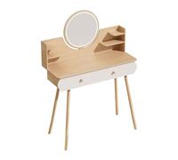 joukares Makeup Vanity Desk with LED Lighted Mirror,Vanity Table with 2 Drawers and Opening Shelves,Bedroom Dressing Table with 3 Modes Adjustable Brightness,Vanity Desk for Women Girls Wooden Color