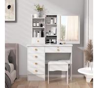 joukares Vanity Desk with Sliding Rectangular Mirror, Dressing Table with Mirror and Stool, Makeup Table with 6 Drawers and Open Shelves, Wooden Modern Make up Desk for Bedroom White