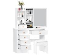 joukares White Dressing Table with 6 Drawers & Sliding Mirror, Modern Makeup Desk with Hidden Storage, Open Shelves for Cosmetics, Easy Assembly Vanity Table for Bedroom, Gift for Her White