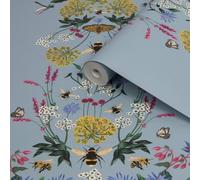 Joules Blue Floral Bee Smooth Wallpaper