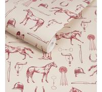 Joules Sketched Equestrian Cream/burgundy Wallpaper