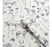 Joules Sophisticated Country Cream & Blue Sketched Equestrian Patterned Smooth Wallpaper