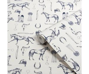 Joules Sophisticated Country Cream & Blue Sketched Equestrian Patterned Smooth Wallpaper