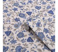 Joules Sophisticated Country Cream & Blue Trailing Scot Floral Patterned Smooth Wallpaper