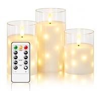 Joupha LED Flameless Candles with Embedded String Lights,11 Key Remote Control Battery Candles Flickering Glass Real Wax for Halloween,Christmas,Home Decor,Set of 3,H 4 "5" 6 "(White)