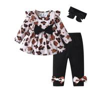Joureker Baby Girl Clothes Leopard Pattern Print Tops + Bow Pants Toddler Baby Girl Outfit Set, Black, 18-24 Months