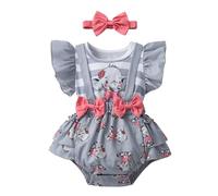 Joureker Newborn Baby Girl Clothes Elephant Print Short Sleeve Suspender Romper Outfit Set, Grey, 6-9 Months
