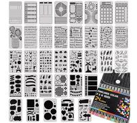 Journal Stencils 35 Pcs Set, Journal Planner Colored Pens 24 Pcs Set, Reusable Plastic Templates for Planners, Calendars, Notebooks, Daily Weekly Monthly Layouts, Letters, Numbers, Decorative Designs