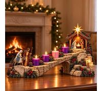 Journey to Bethlehem Lighted Advent Nativity Path,4-W hristmas Decor | Mary & Joseph journey past four glowing Advent markers to a lighted Nativity beneath the Bethlehem Star for indoor home mante
