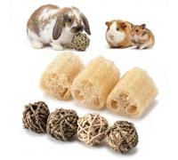 JOUSONTY 7 Pcs Rabbit Chew Toys, Interactive Foraging Toy, Natural Materials, Loofah Sponges, Seagrass Balls, Dental Cleaning, Relieve Stress, for Bunnies, Guinea Pigs, Small Pets