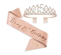 JOUWUI 15th Birthday Tiara Crown and Princess Sash, 15 Birthday Decorations for Her, Sweet 15 Gift for Girls, Birthdays Accessories Gifts