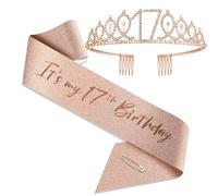 JOUWUI 17th Birthday Tiara Crown and Princess Sash, 17th Birthday Decorations for Her, Sweet 17 Gift for Girls, Birthdays Accessories Gifts