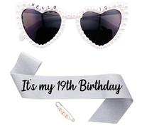 JOUWUI 19th Heart Birthday Sunglasses, Hello 19 Birthday Decorations for Her, White Pearl Rhinestone Heart Glasses, Birthday Glitter Silver Sash For Nineteen Girls, Birthday Gifts