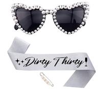 JOUWUI 30th Heart Birthday Sunglasses, Dirty Thirty Birthday Decorations for Her, White Pearl Rhinestone Heart Glasses, Birthday Glitter Silver Sash For 30th Women, Birthday Gifts